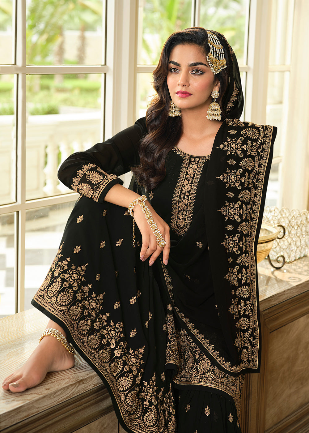 Shop Now Lovely Black Embroidered Georgette Pakistani Gharara Suit Online at Empress Clothing in USA, UK, Canada, Germany & Worldwide. 
