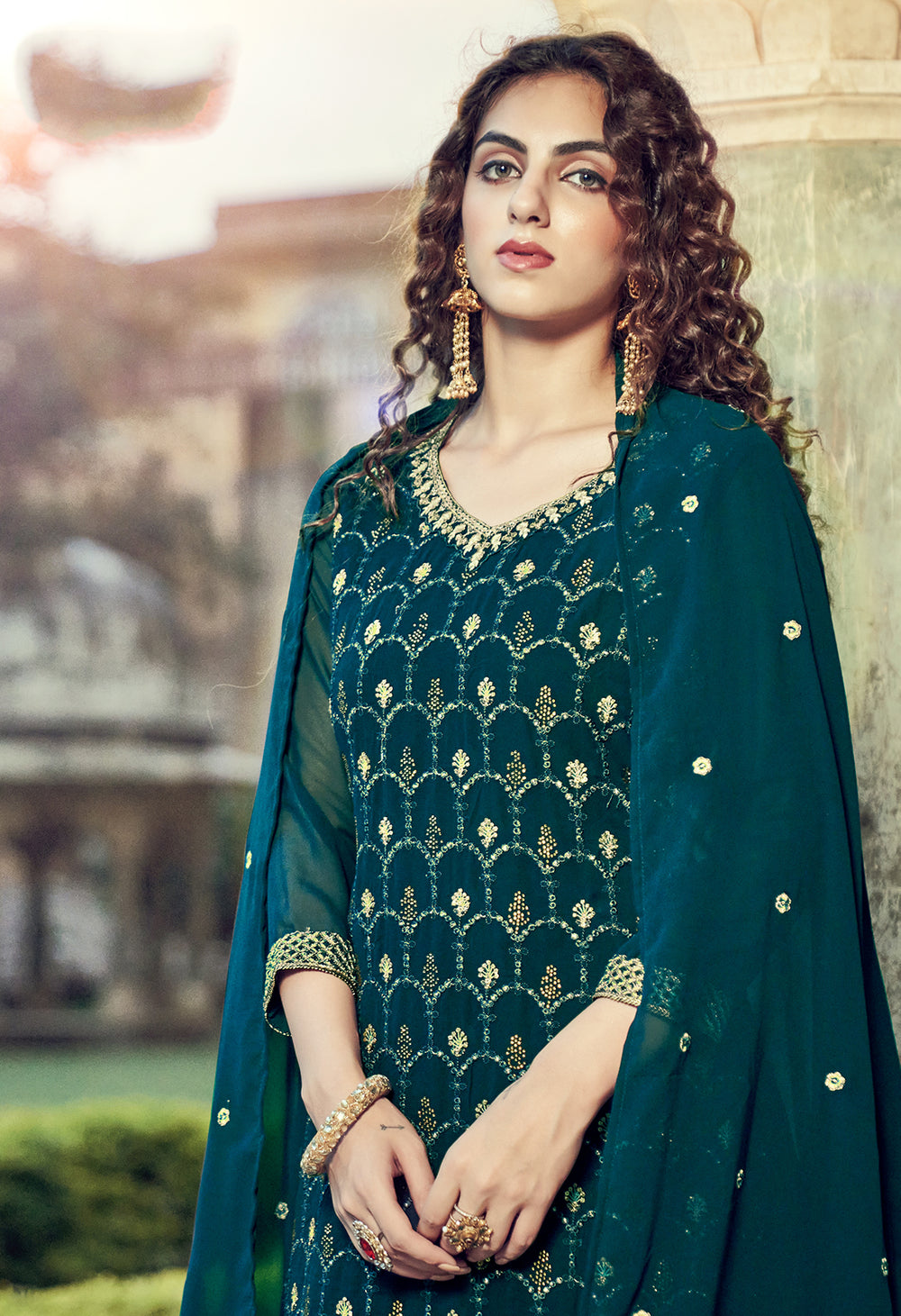 Buy Teal Green Swarovski Embroidered Suit - Georgette Palazzo Suit