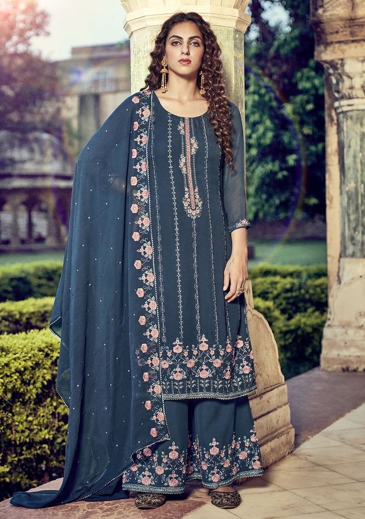 Buy Blue Swarovski Embroidered Suit - Georgette Palazzo Suit