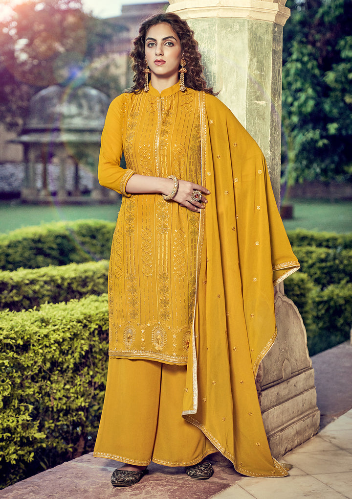 Buy Yellow Swarovski Embroidered Suit - Georgette Palazzo Suit