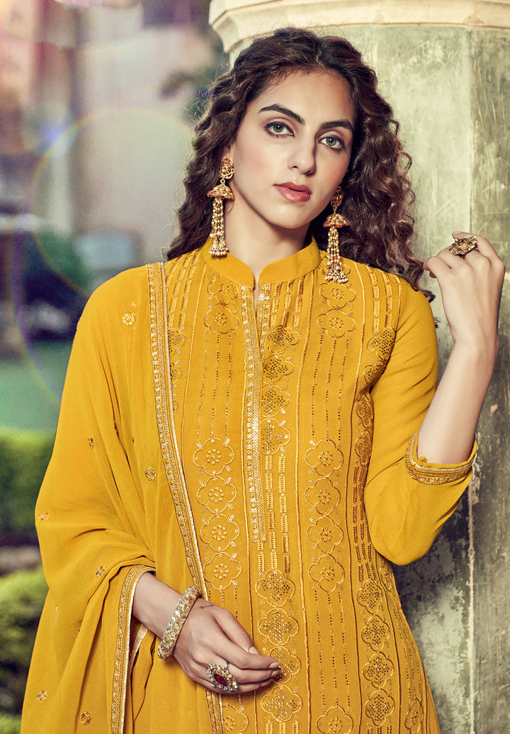 Buy Yellow Swarovski Embroidered Suit - Georgette Palazzo Suit