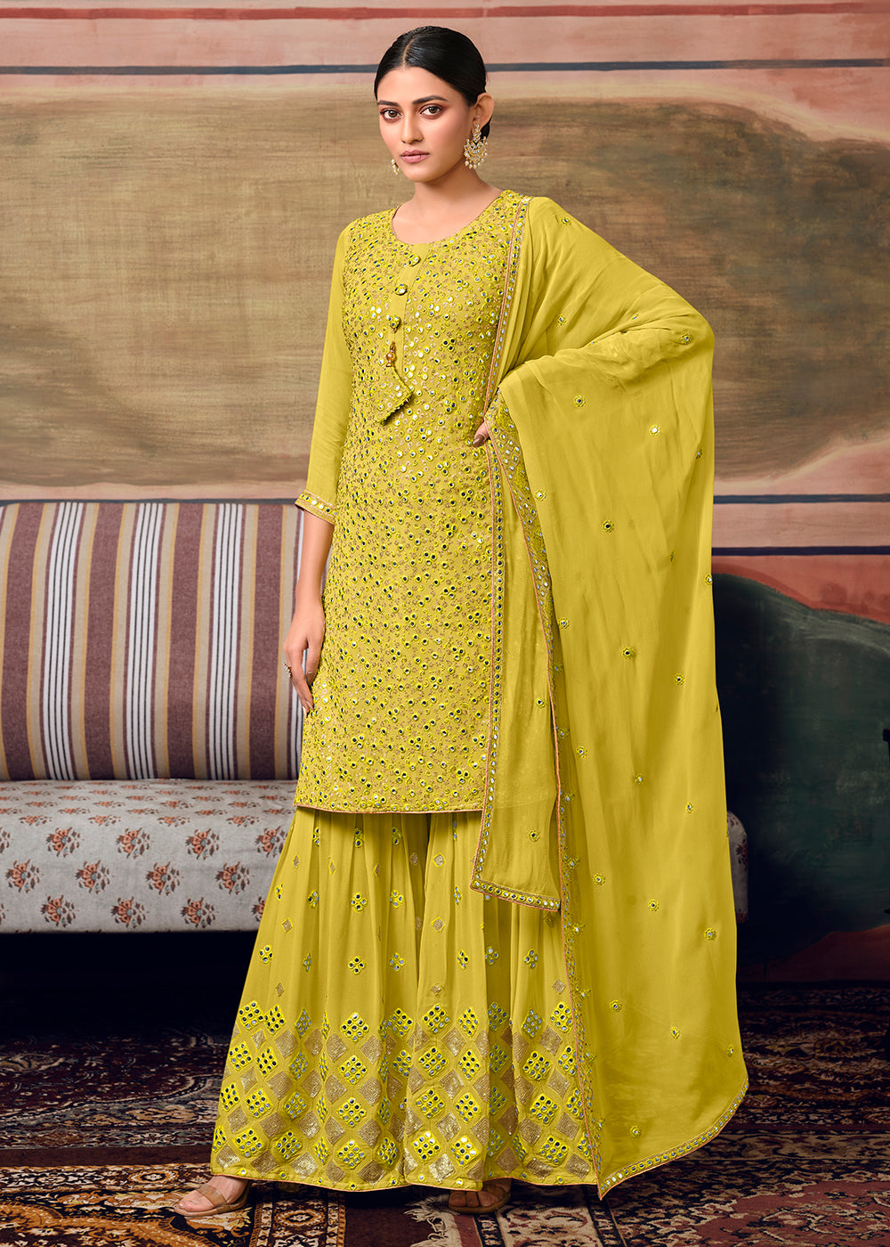 Buy Lime Yellow Designer Gharara Style Sharara - Festive Sharara Suit