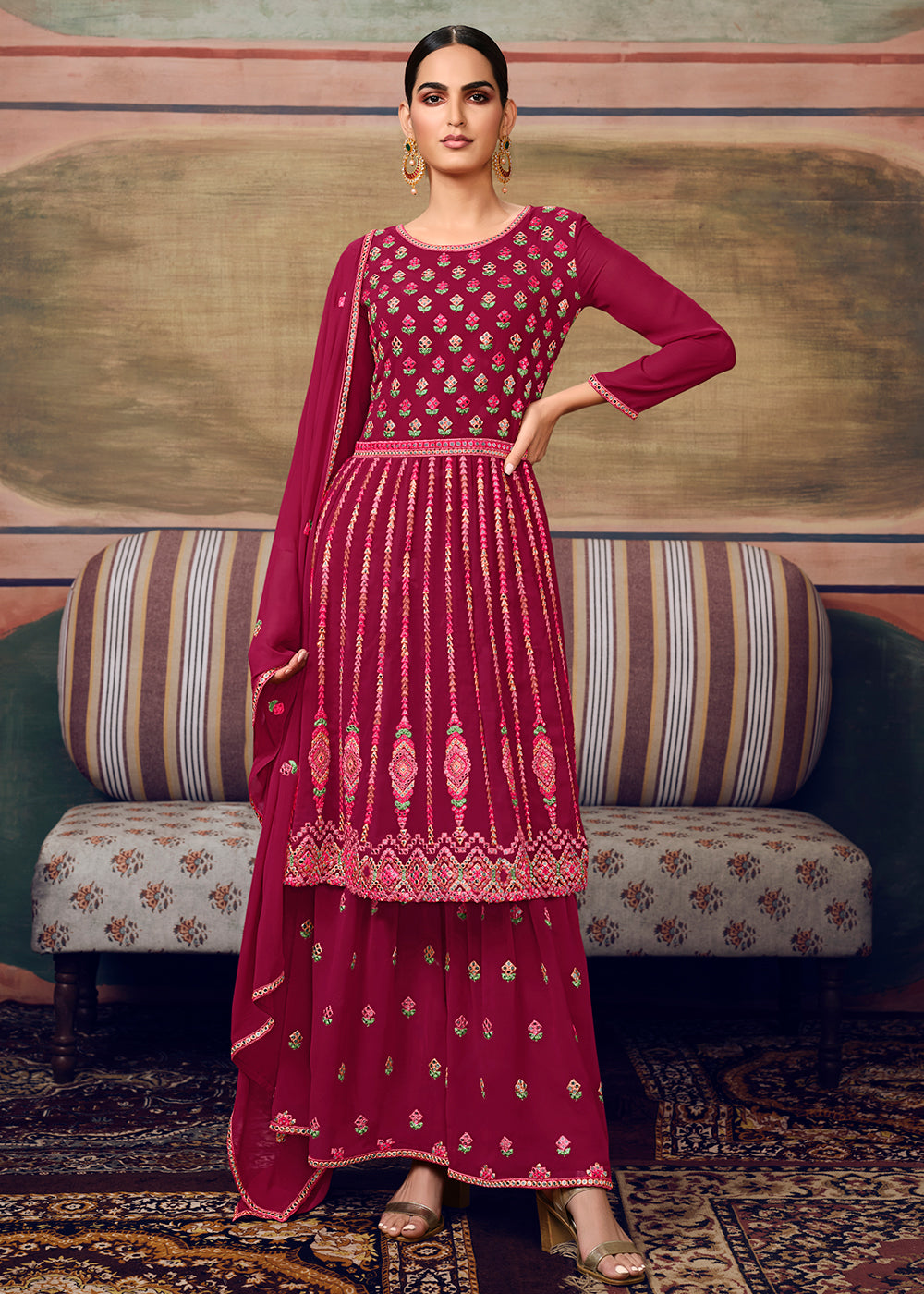 Buy Magenta Pink Designer Gharara Style Sharara - Festive Sharara Suit