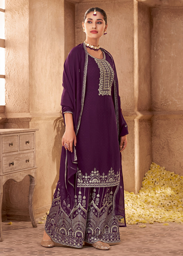 Buy Georgette Designer Purple Embroidered Suit - Festive Palazzo Suit