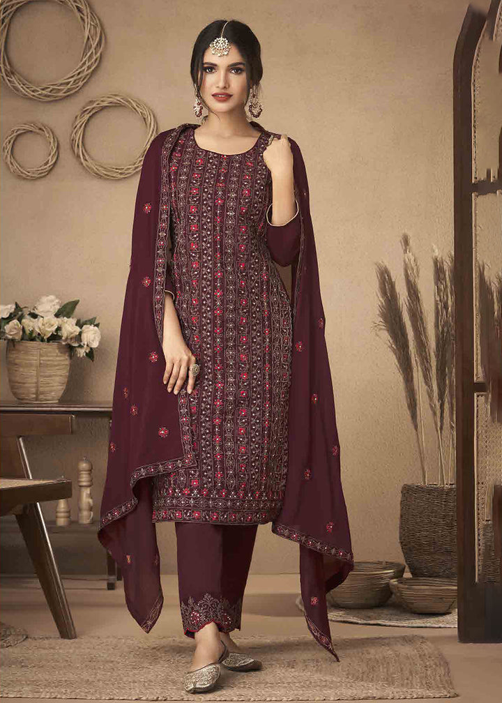 Buy Now Wine Maroon Cording & Swarovski Embroidered Trendy Salwar Suit Online in USA, UK, Canada, Germany, Australia & Worldwide at Empress Clothing. 