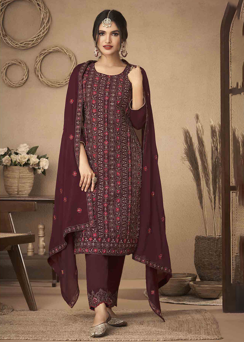 Maroon Colour Fancy Designer Festive Wear Heavy Cording And Net with Heavy  Tone To Tone Thread Sequence Work Net Salwar Suit Collection 15