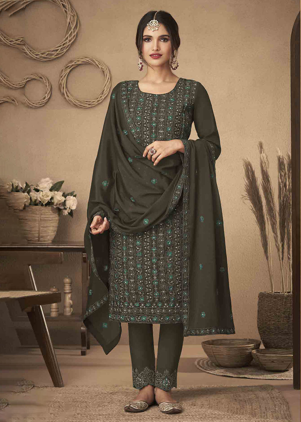 Buy Now Dark Green Cording & Swarovski Embroidered Trendy Salwar Suit Online in USA, UK, Canada, Germany, Australia & Worldwide at Empress Clothing.
