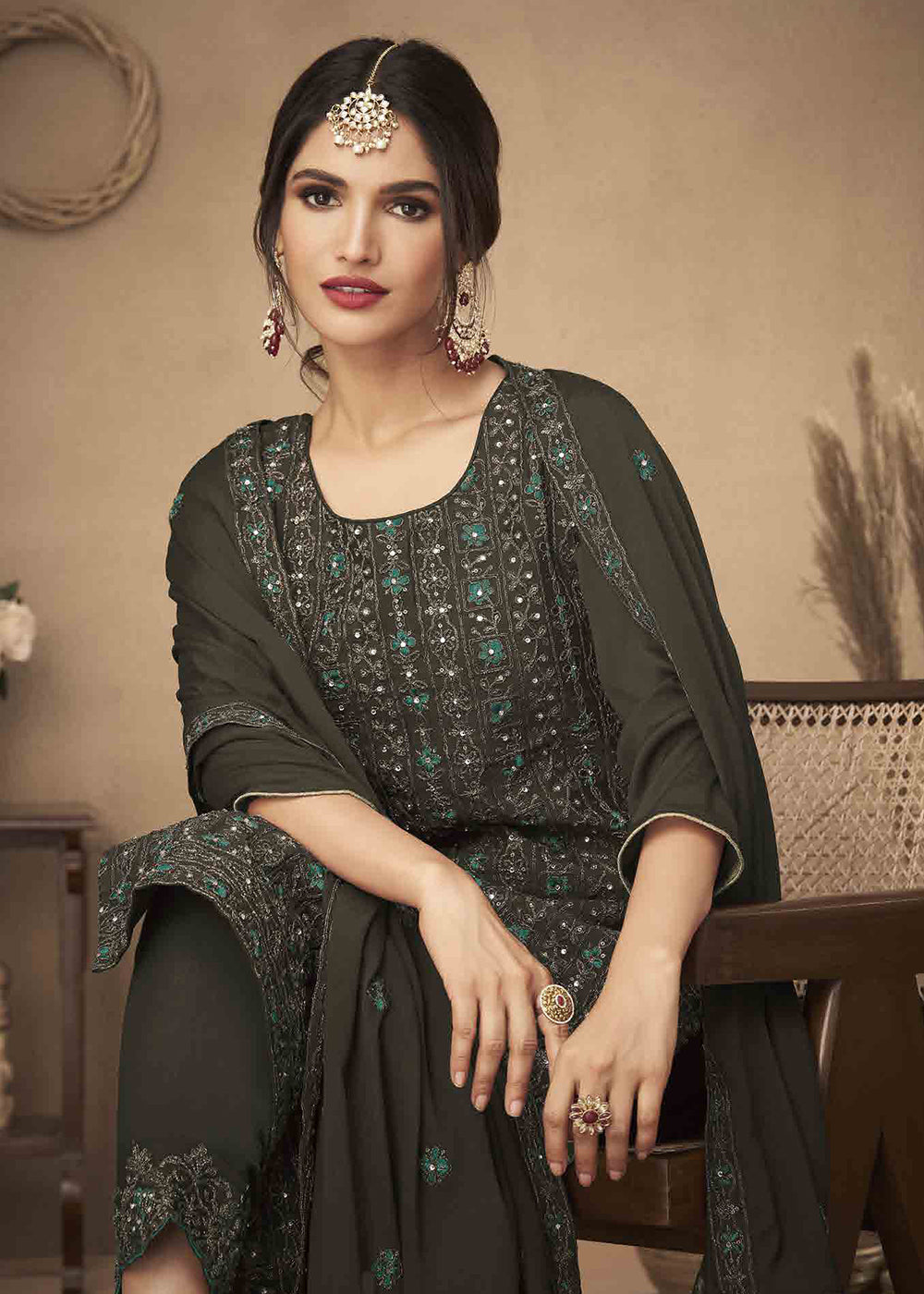 Buy Now Dark Green Cording & Swarovski Embroidered Trendy Salwar Suit Online in USA, UK, Canada, Germany, Australia & Worldwide at Empress Clothing.