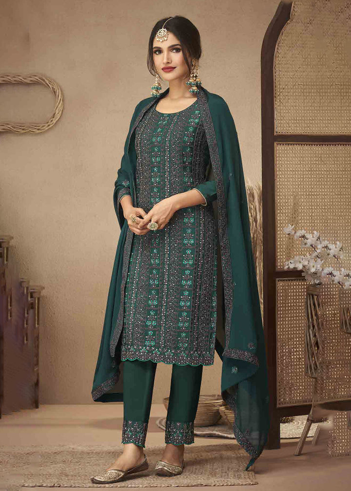 Buy Now Teal Green Cording & Swarovski Embroidered Trendy Salwar Suit Online in USA, UK, Canada, Germany, Australia & Worldwide at Empress Clothing. 
