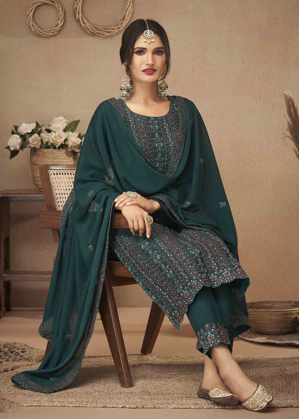 Buy Now Teal Green Cording & Swarovski Embroidered Trendy Salwar Suit Online in USA, UK, Canada, Germany, Australia & Worldwide at Empress Clothing. 