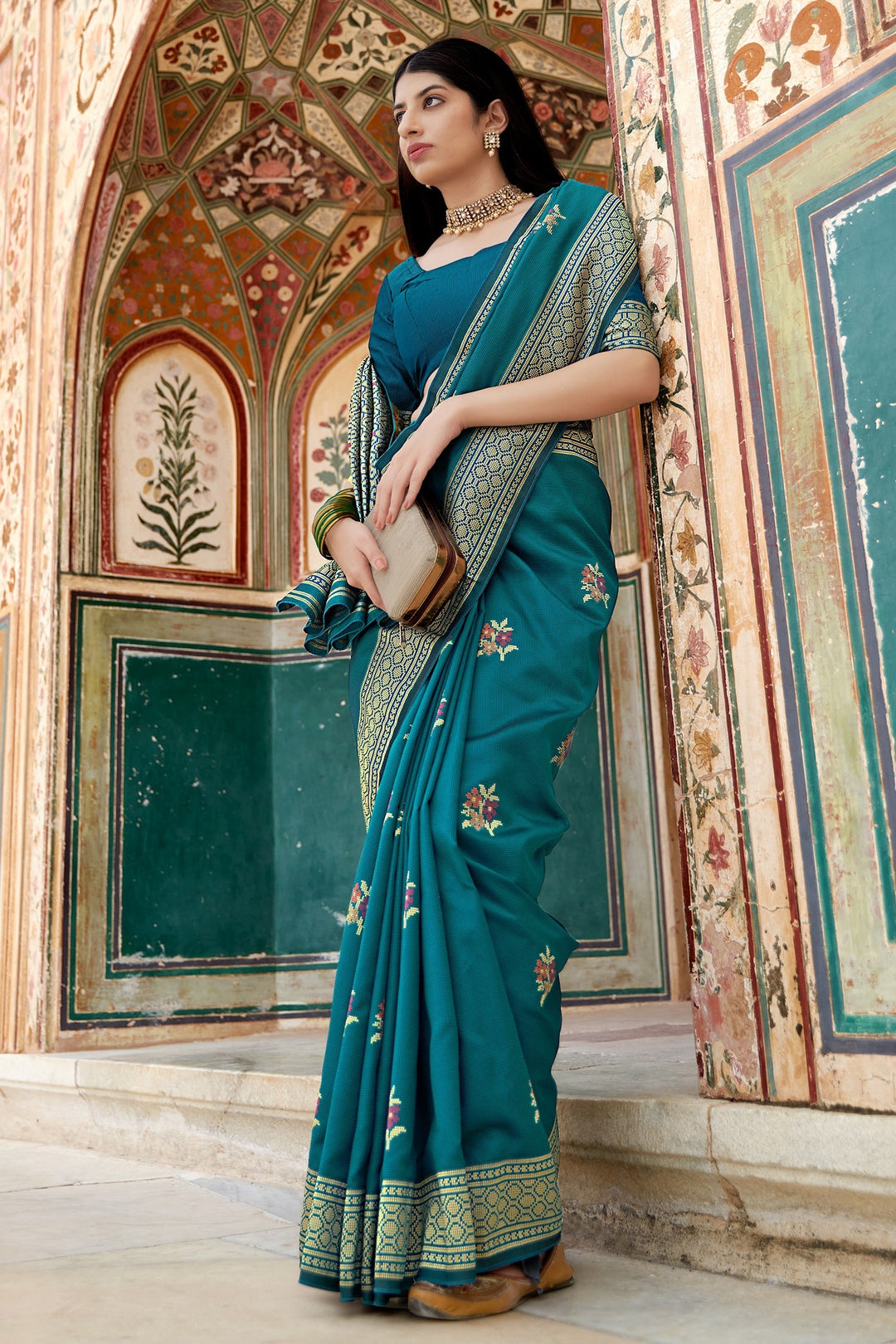 Buy Floral Weaving Teal Blue Saree - Banarasi Silk Traditional Saree