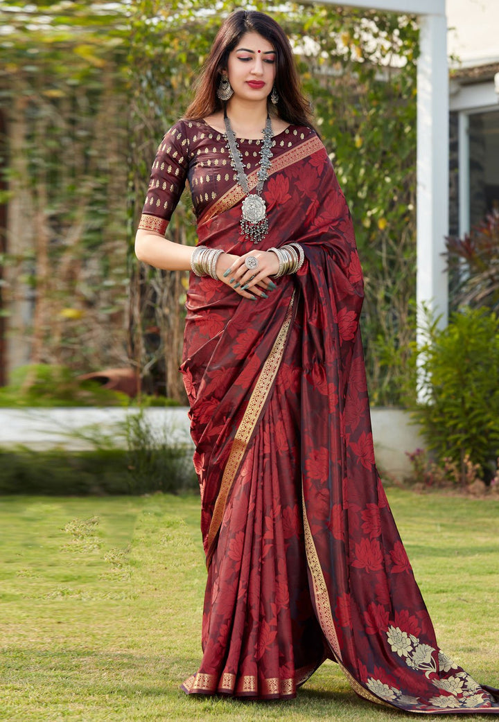 Currant Red Banarasi Saree - Buy Woven Banarasi Silk Saree