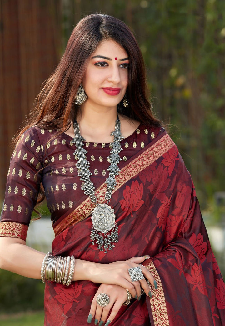 Currant Red Banarasi Woven Silk Traditional Saree