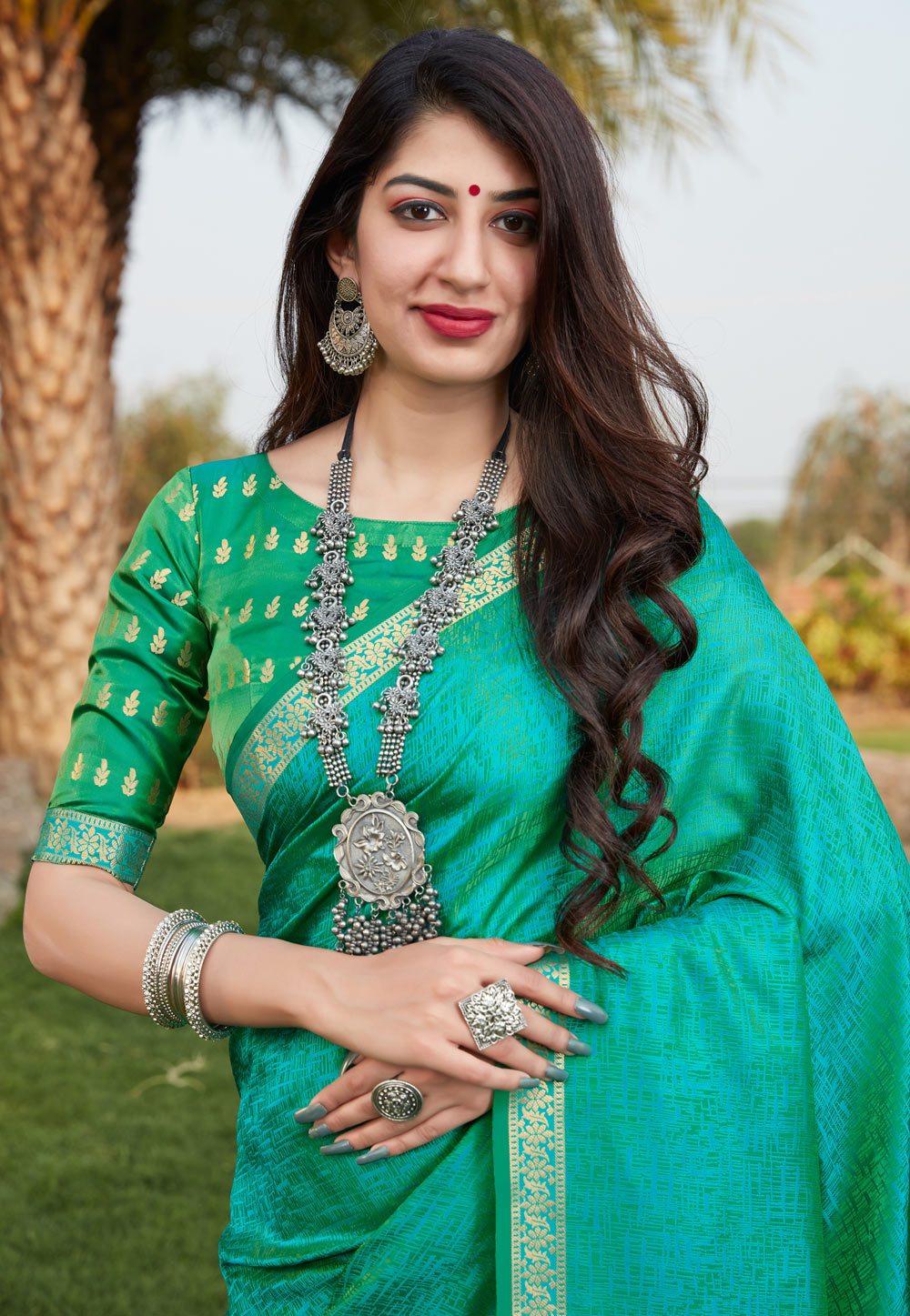 Turquoise Green Banarasi Woven Silk Traditional Saree