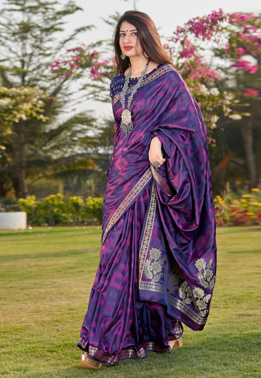 Irish Purple Banarasi Woven Silk Traditional Saree