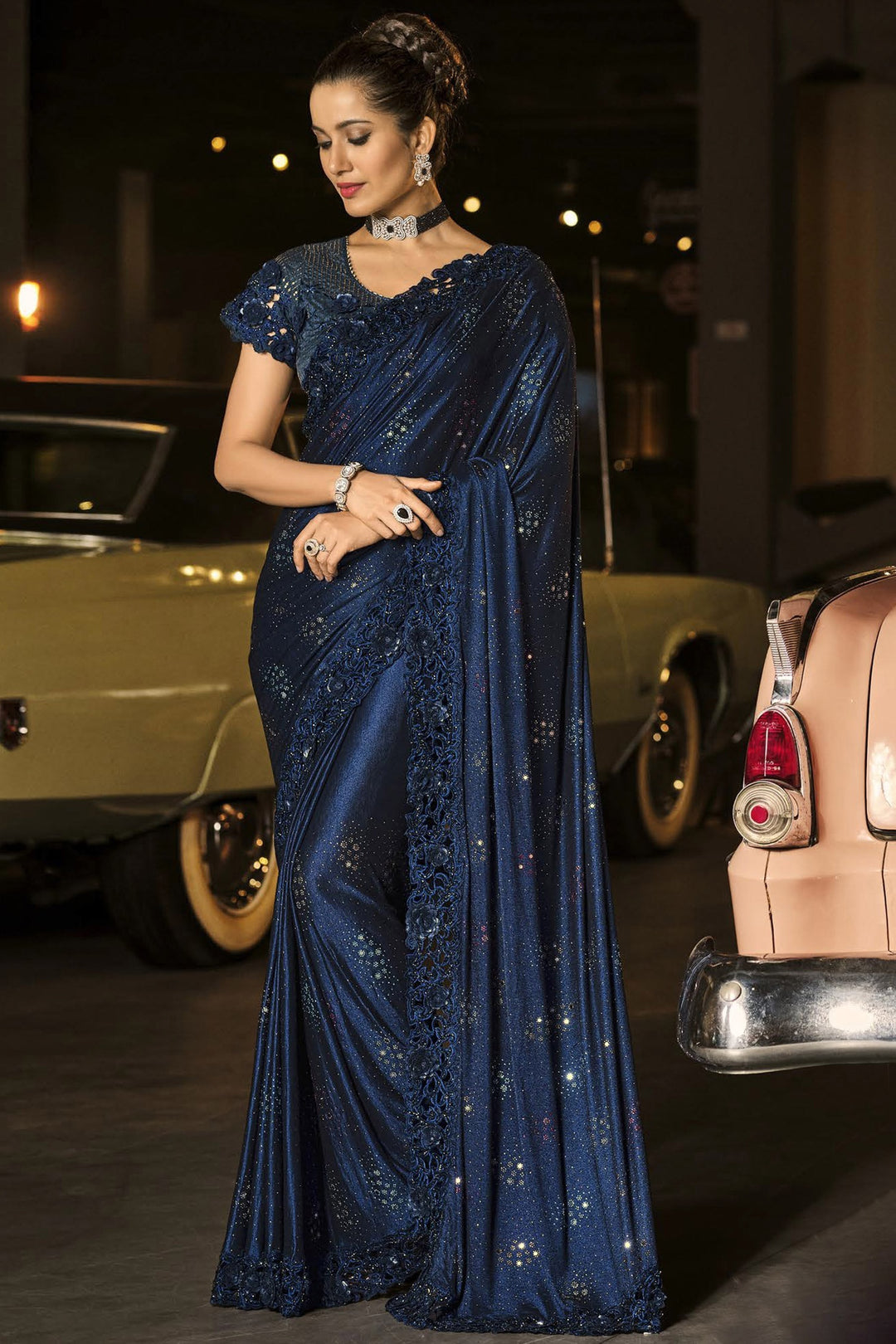 Buy Fancy Navy Blue Saree - Luxe Fabric Designer Saree
