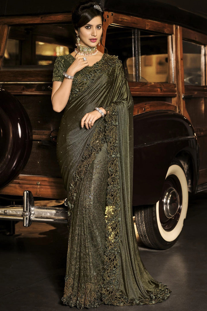 Buy Fancy Mahendi Green Saree - Luxe Fabric Designer Saree