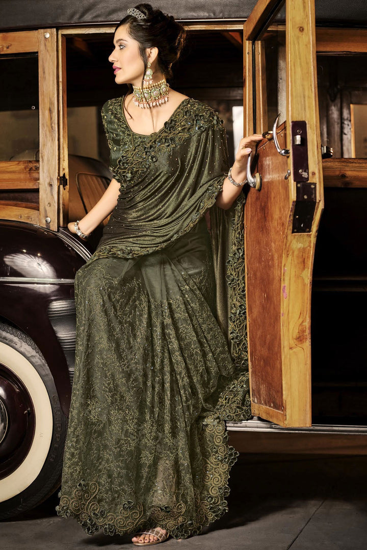 Buy Fancy Mahendi Green Saree - Luxe Fabric Designer Saree