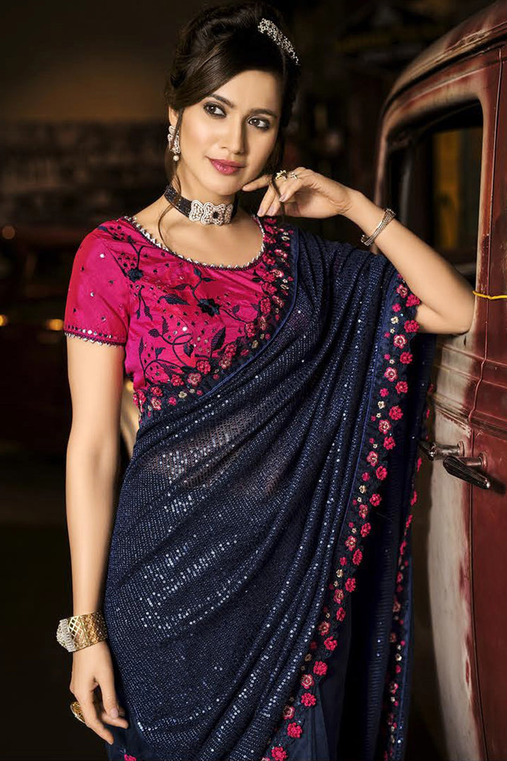 Buy Fancy Charming Blue Saree - Luxe Fabric Designer Saree