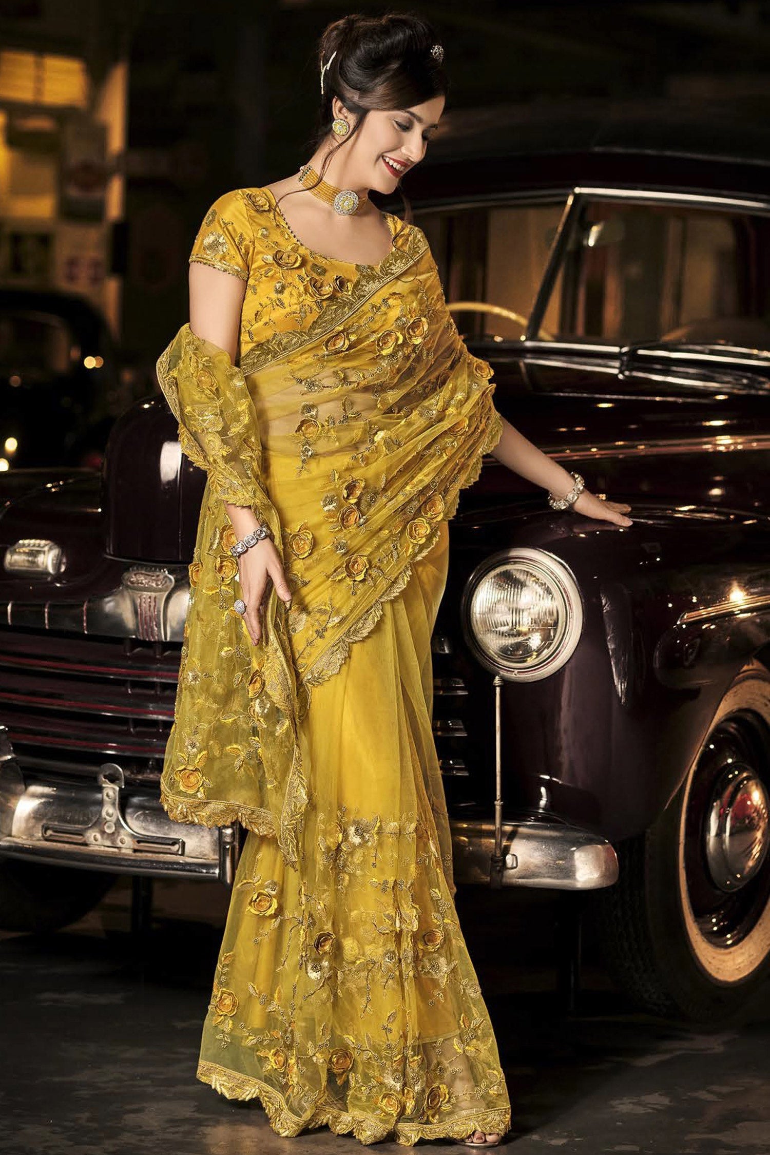 Mustard Yellow Designer Embroidered Silk Party Wear Saree | Saira's Boutique