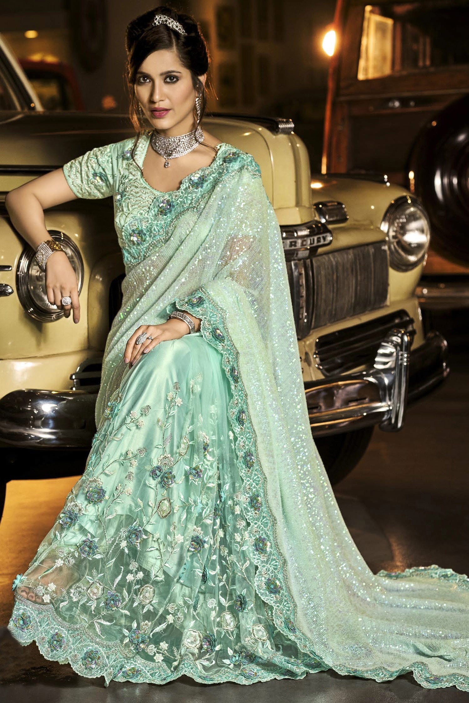 Cotton Printed Sea Green Saree