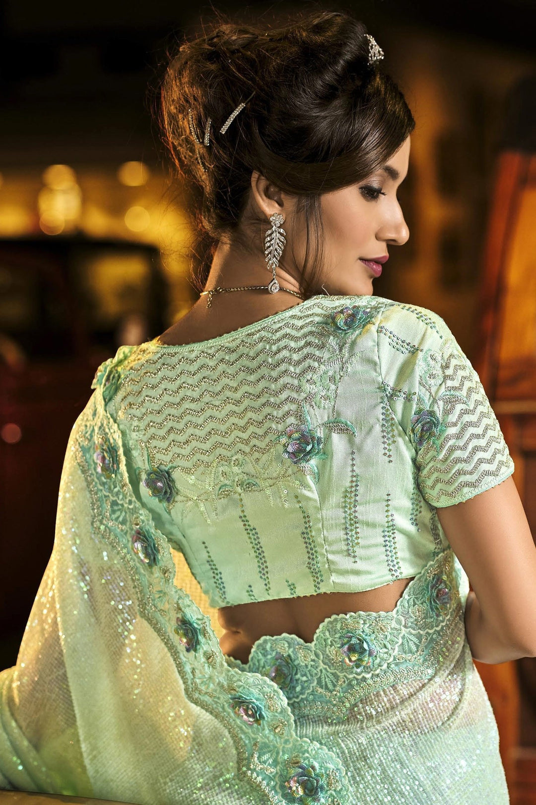 Buy Fancy Sea Green Saree - Luxe Net Fabric Designer Saree