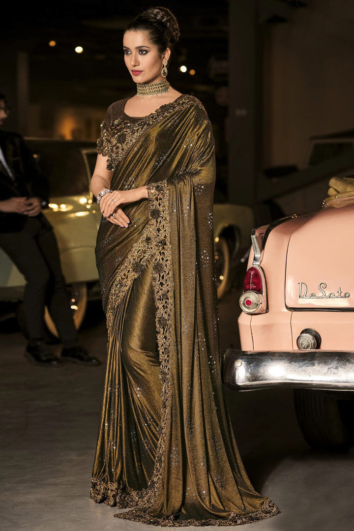 Buy Fancy Choco Brown Saree - Luxe Fabric Designer Saree