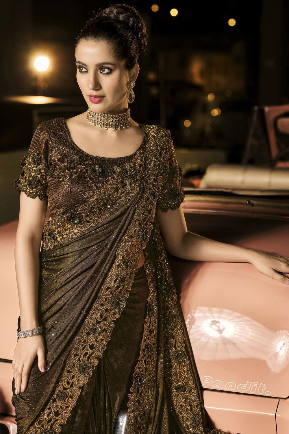 Buy Fancy Choco Brown Saree - Luxe Fabric Designer Saree