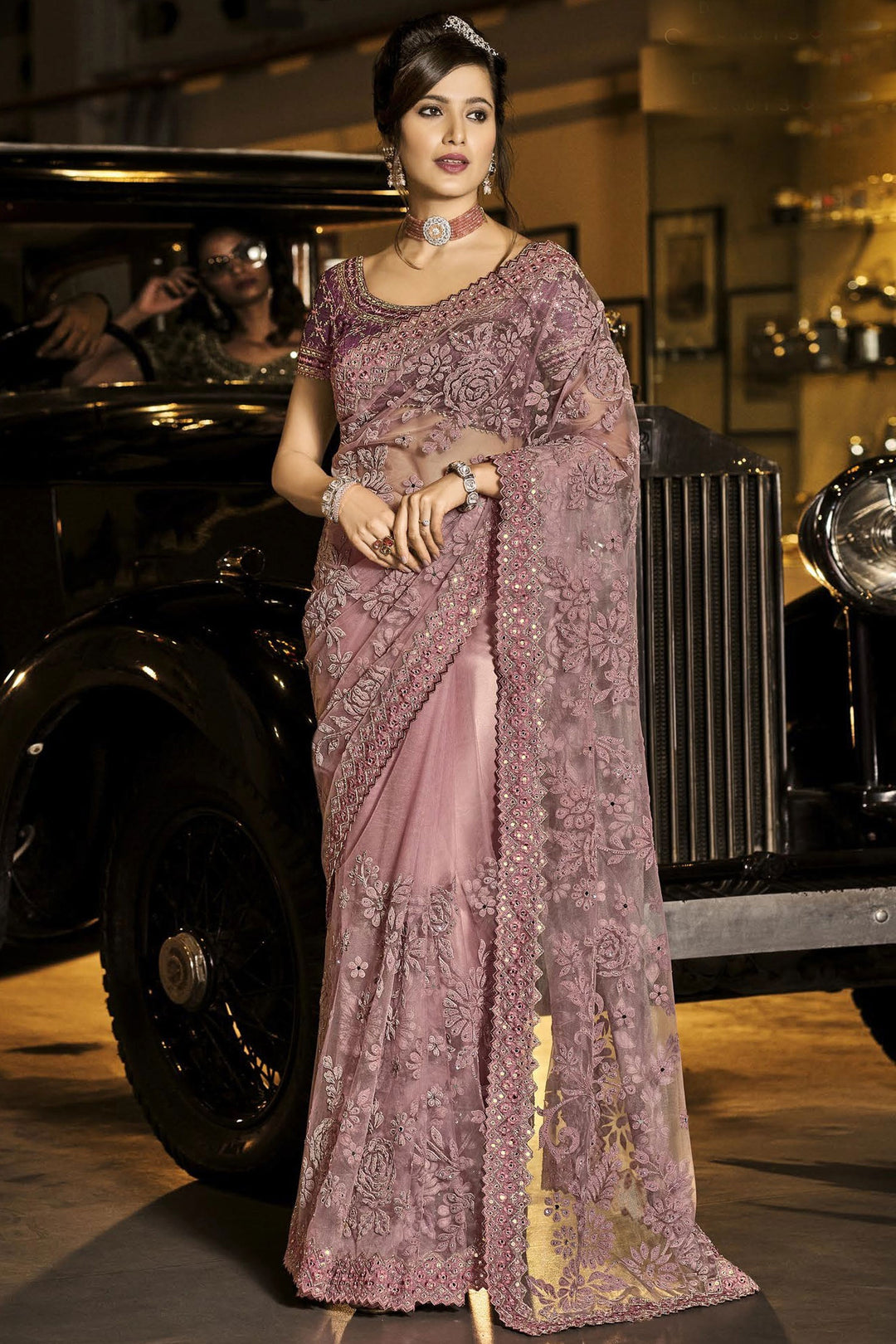 Buy Fancy Dusty Pink Saree - Net Designer Saree