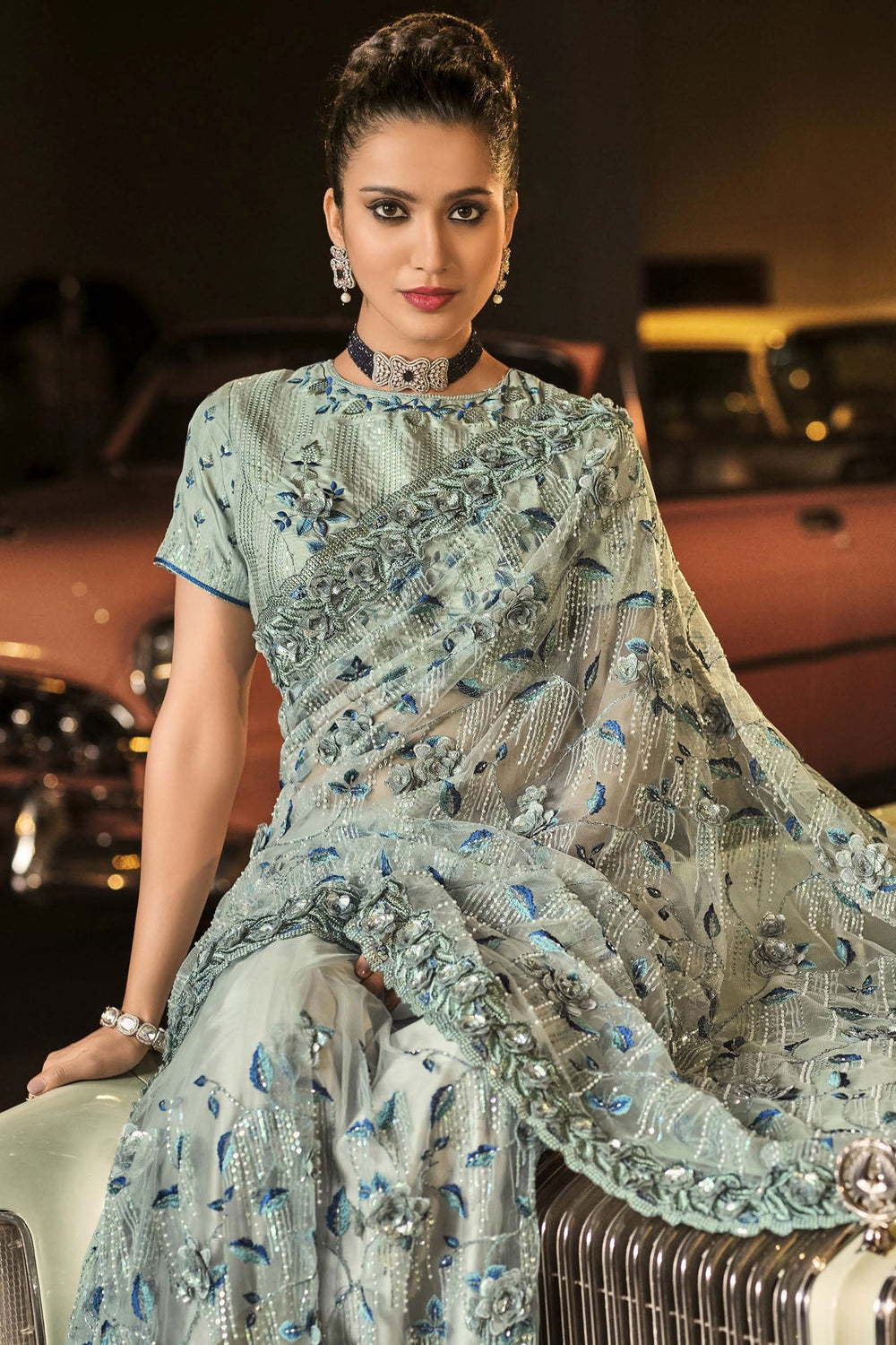 Buy Fancy Bluish Grey Saree - Net Designer Saree