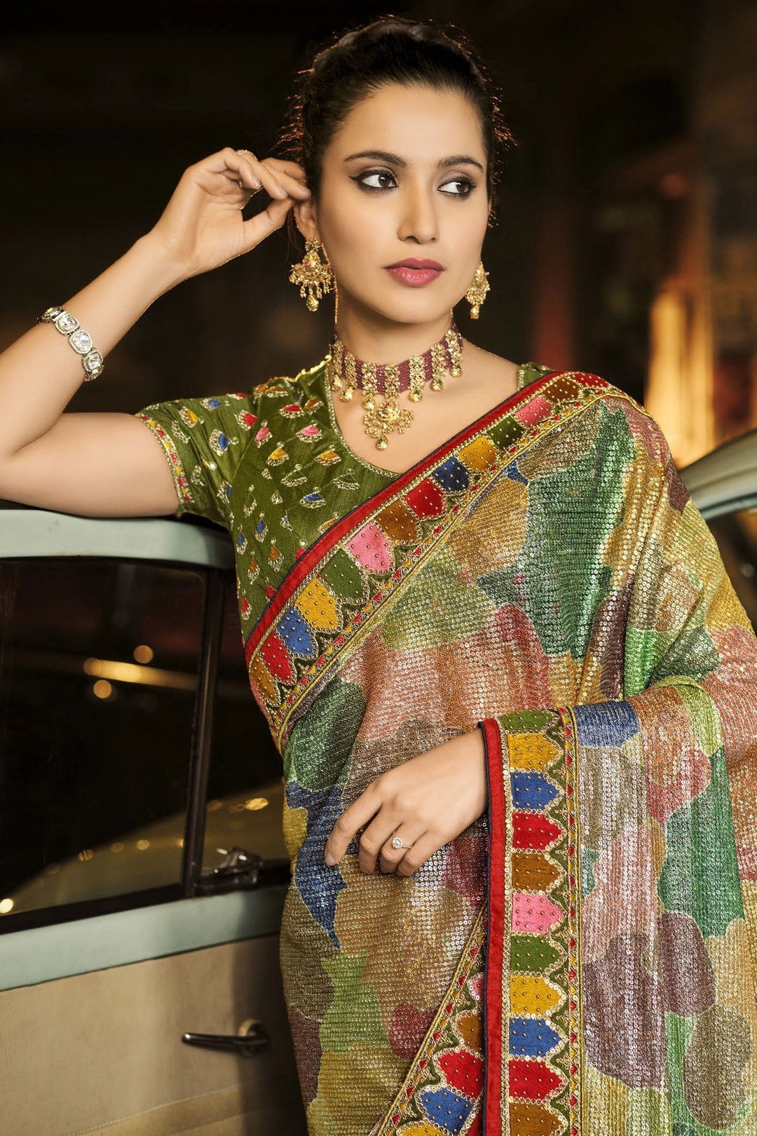 Buy Fancy Multi Green Saree - Luxe Net Fabric Designer Saree