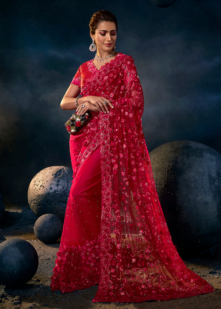 Buy Now Brilliant Red Premium Silk Heavy Embroidered Designer Saree Online in USA, UK, Canada & Worldwide at Empress Clothing. 