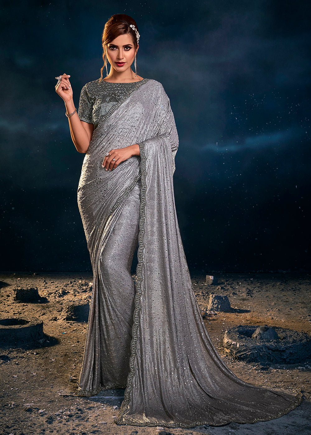Buy Now Charming Grey Premium Luxe Heavy Embroidered Designer Saree Online in USA, UK, Canada & Worldwide at Empress Clothing.