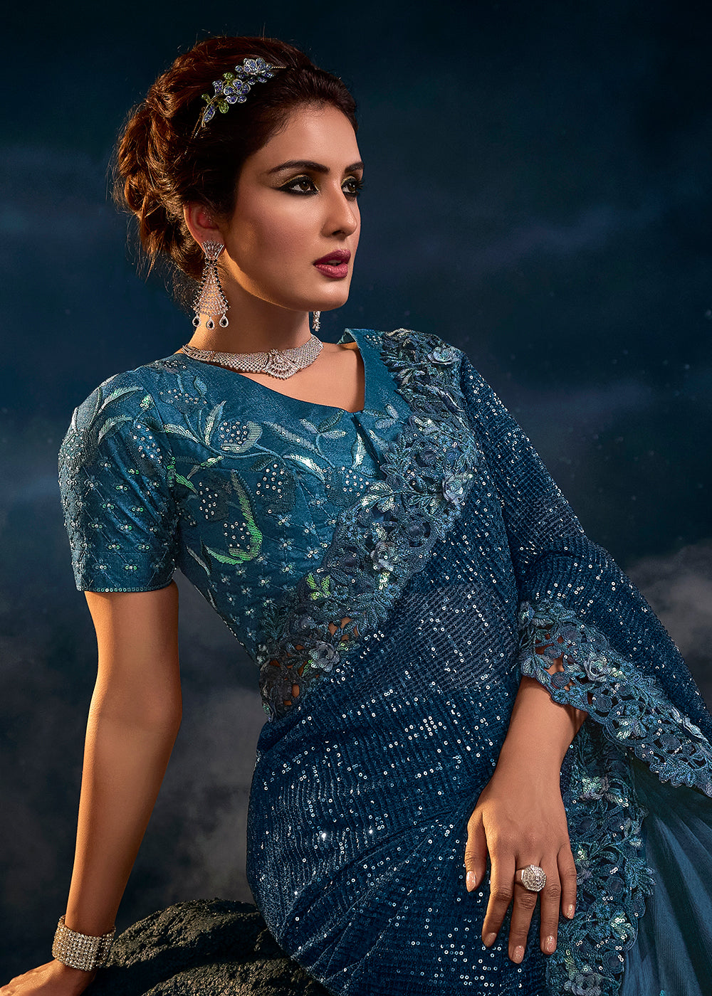 Buy Now Blazing Blue Premium Net Heavy Embroidered Designer Saree Online in USA, UK, Canada & Worldwide at Empress Clothing.