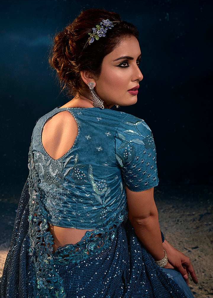 Buy Now Blazing Blue Premium Net Heavy Embroidered Designer Saree Online in USA, UK, Canada & Worldwide at Empress Clothing.