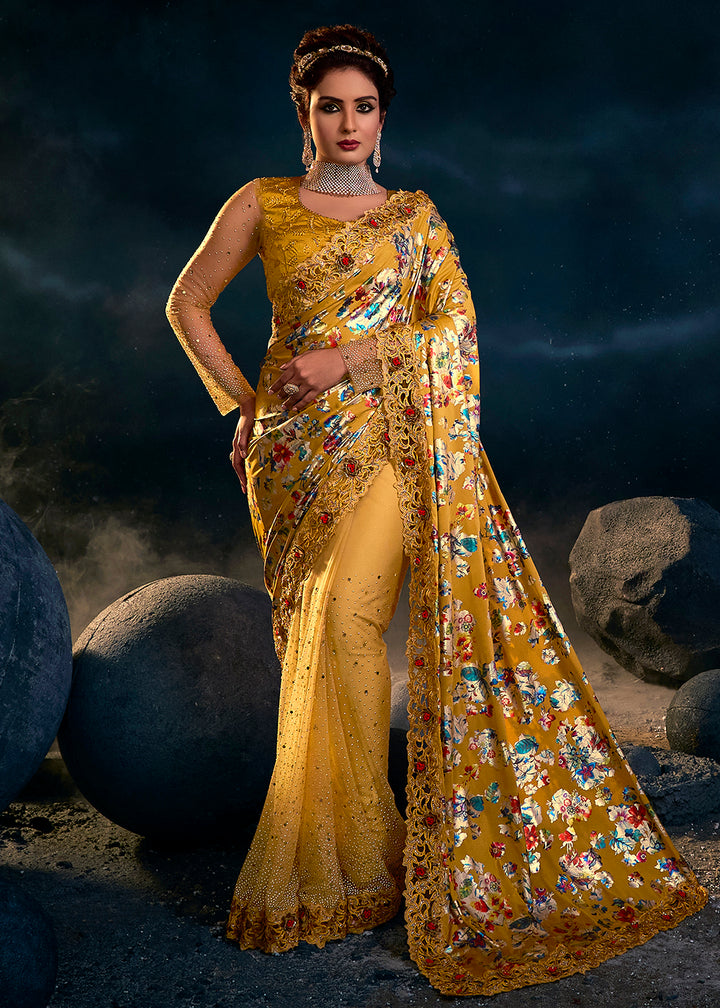 Buy Now Rich Yellow Premium Net Heavy Embroidered Designer Saree Online in USA, UK, Canada & Worldwide at Empress Clothing.
