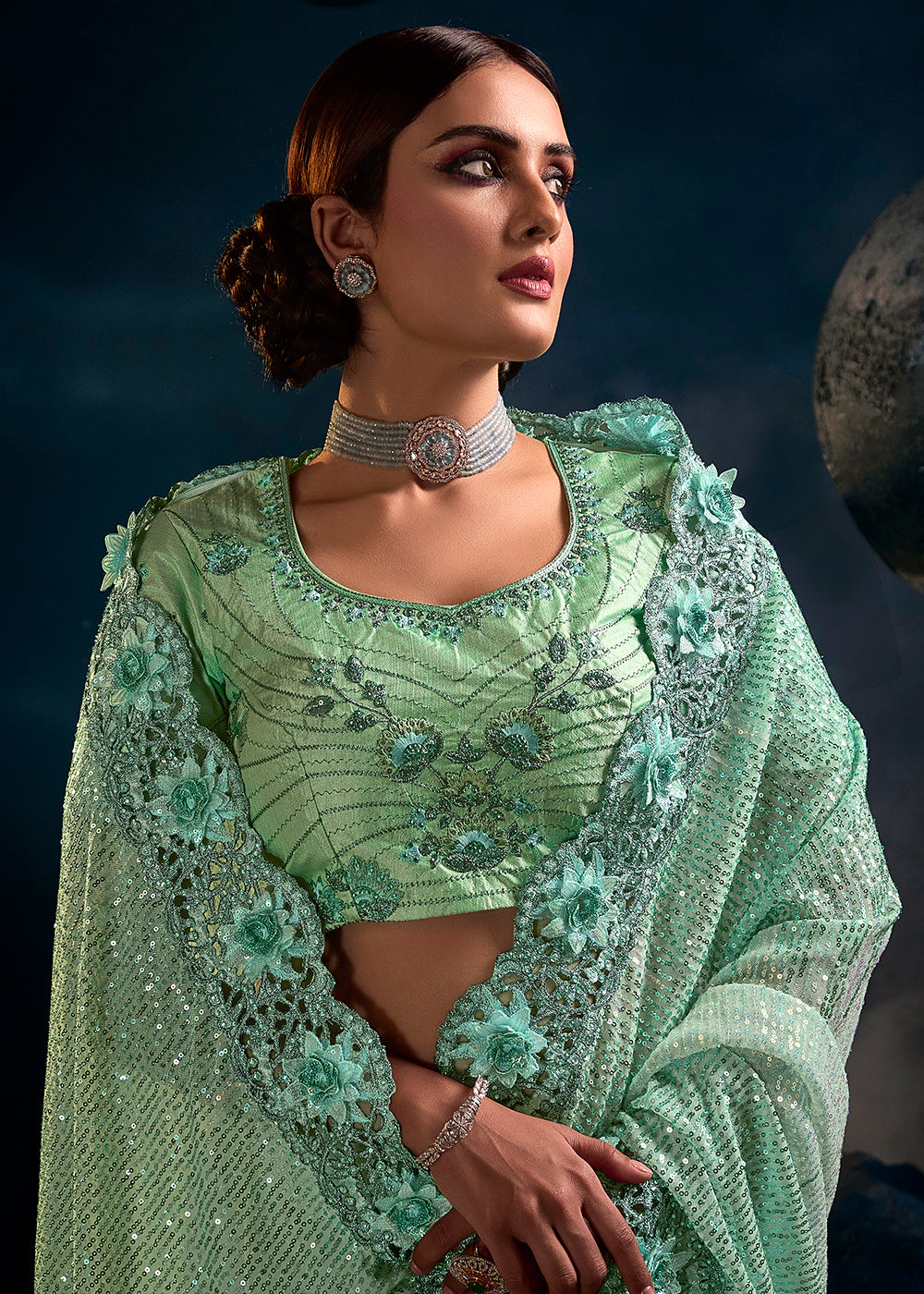 Buy Now Sea Green Premium Net Heavy Embroidered Designer Saree Online in USA, UK, Canada & Worldwide at Empress Clothing.