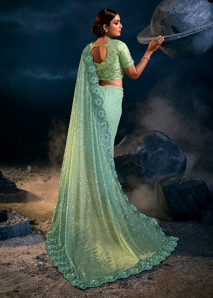 Buy Now Sea Green Premium Net Heavy Embroidered Designer Saree Online in USA, UK, Canada & Worldwide at Empress Clothing.