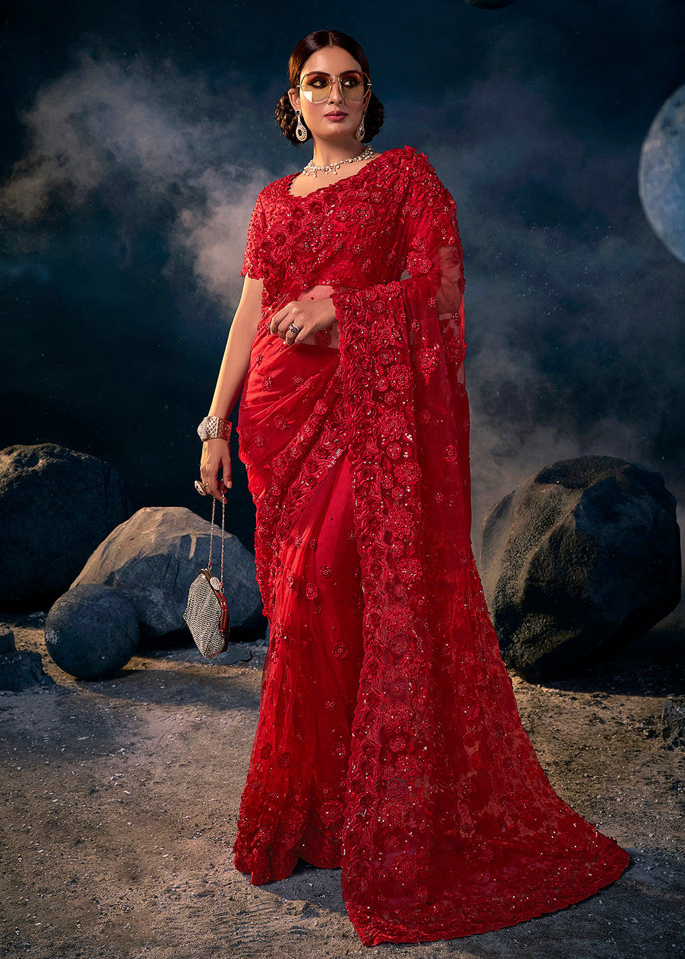 Buy Now Incredible Red Premium Net Heavy Embroidered Designer Saree Online in USA, UK, Canada & Worldwide at Empress Clothing.