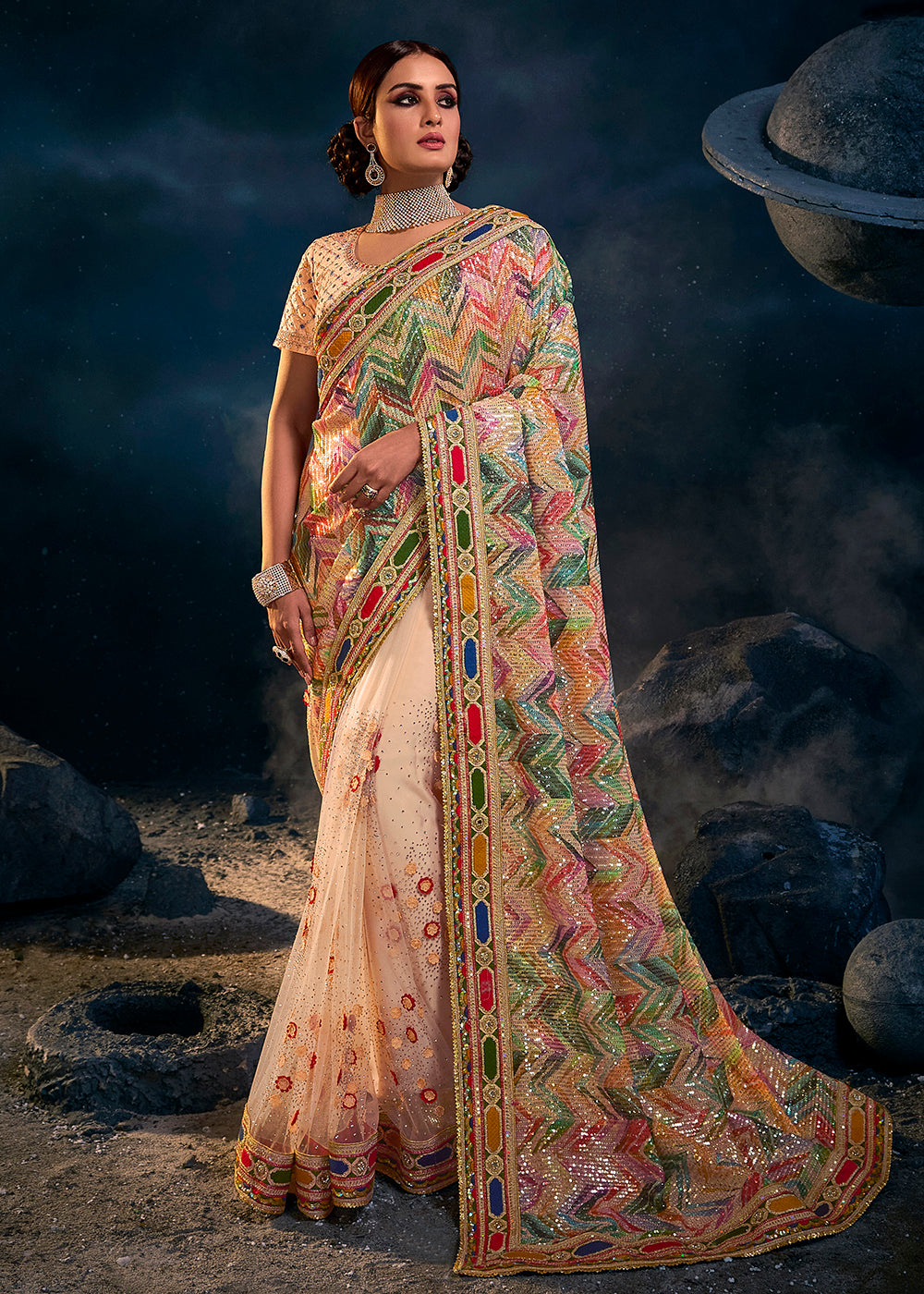 Buy Now Peach Multicolor Premium Net Heavy Embroidered Designer Saree Online in USA, UK, Canada & Worldwide at Empress Clothing. 
