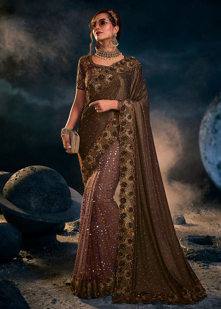 Buy Now Chocolate Brown Premium Net Heavy Embroidered Designer Saree Online in USA, UK, Canada & Worldwide at Empress Clothing.