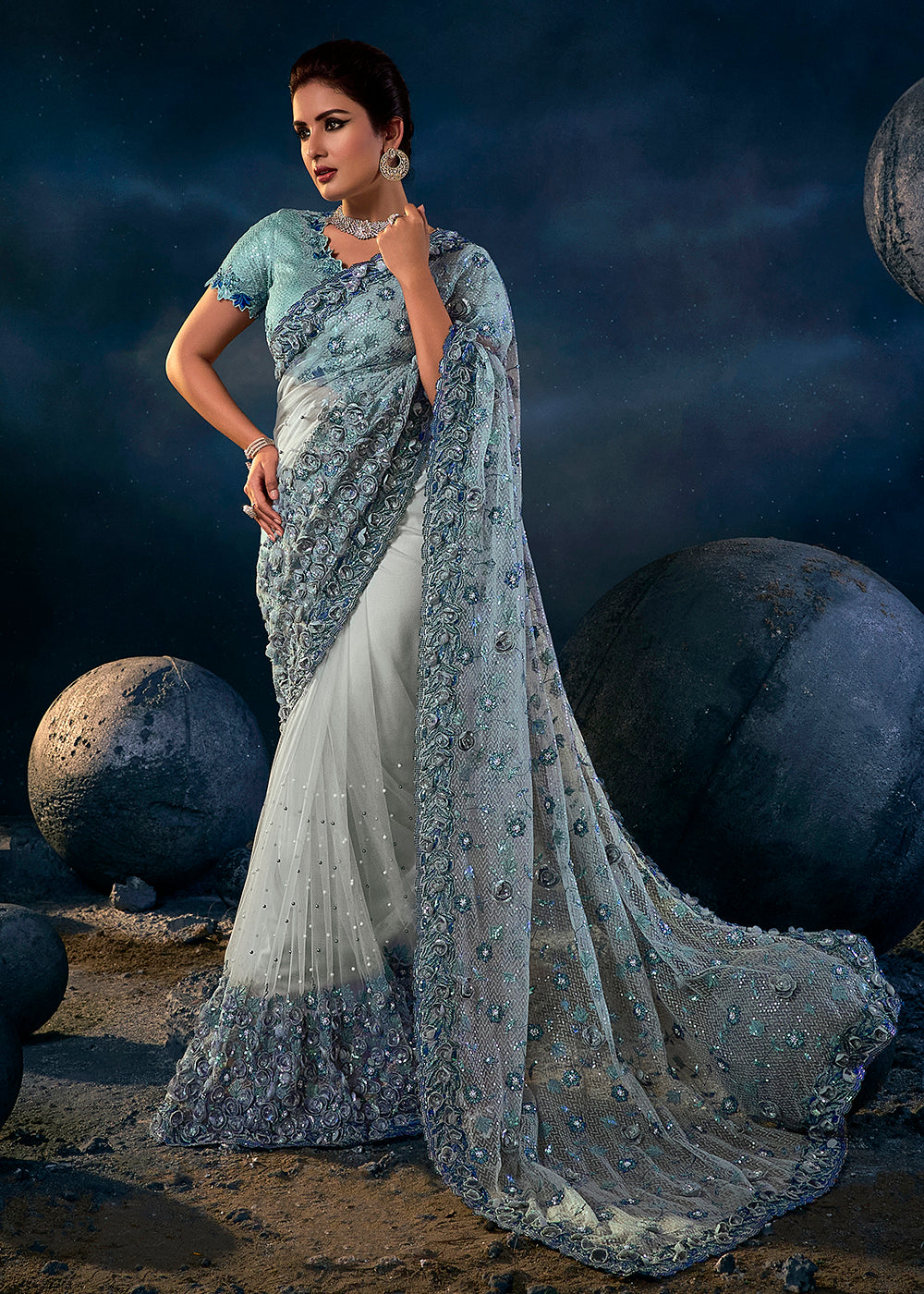 Buy Now Soft Grey Premium Net Heavy Embroidered Designer Saree Online in USA, UK, Canada & Worldwide at Empress Clothing.