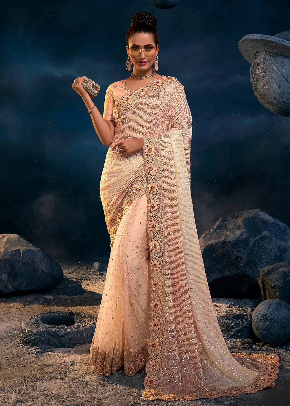 Buy Now Graceful Peach Premium Net Heavy Embroidered Designer Saree Online in USA, UK, Canada & Worldwide at Empress Clothing.