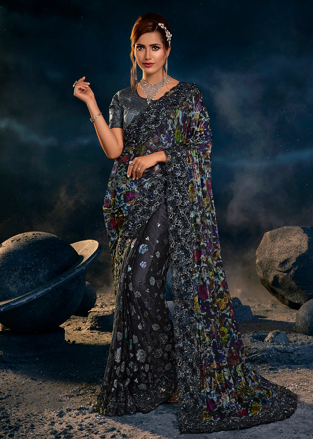 Gorgeous Black Premium Net Heavy Embroidered Designer Saree