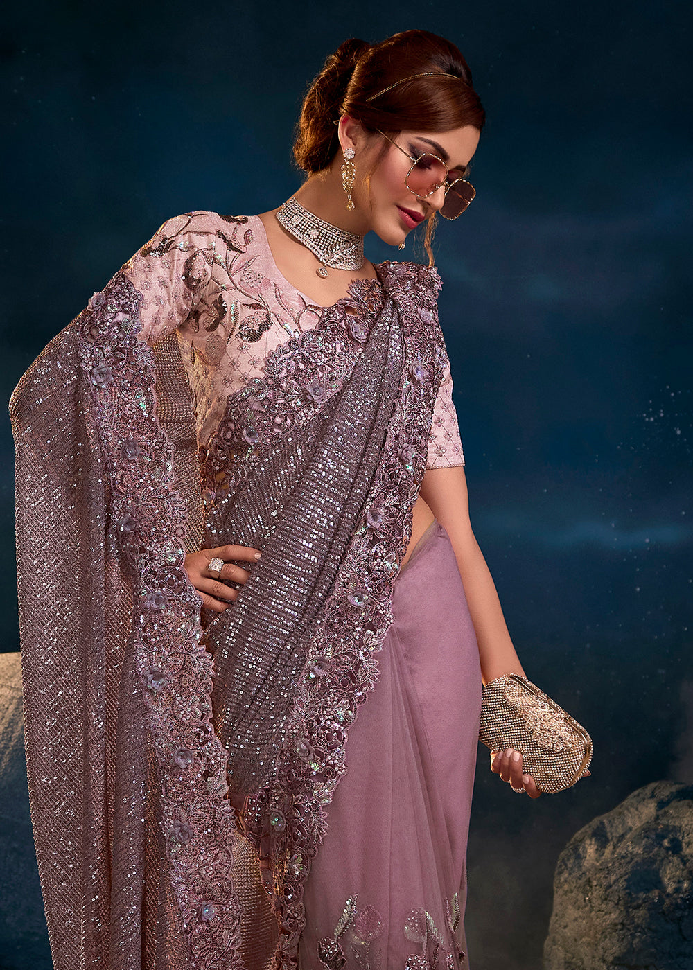 Buy Now Light Purple Premium Net Heavy Embroidered Designer Saree Online in USA, UK, Canada & Worldwide at Empress Clothing.