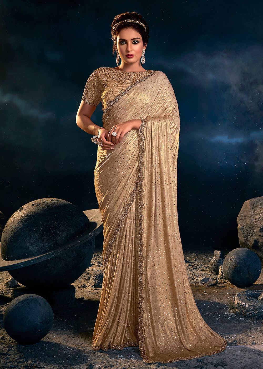 Beige Color Shimmer Silk Embroidery Designer Party Wear Saree