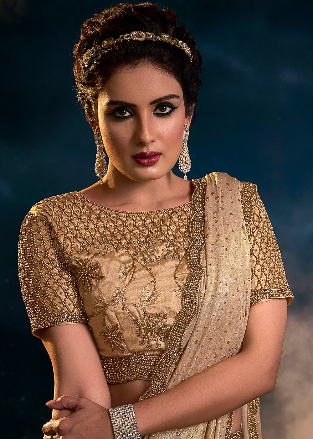 Buy Now Chikoo Beige Premium Net Heavy Embroidered Designer Saree Online in USA, UK, Canada & Worldwide at Empress Clothing.