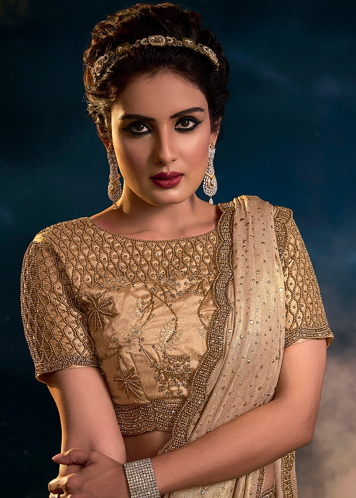 Buy Now Chikoo Beige Premium Net Heavy Embroidered Designer Saree Online in USA, UK, Canada & Worldwide at Empress Clothing.