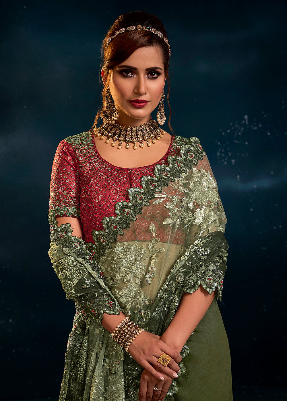 Buy Now Mahendi Green Premium Net Heavy Embroidered Designer Saree Online in USA, UK, Canada & Worldwide at Empress Clothing. 