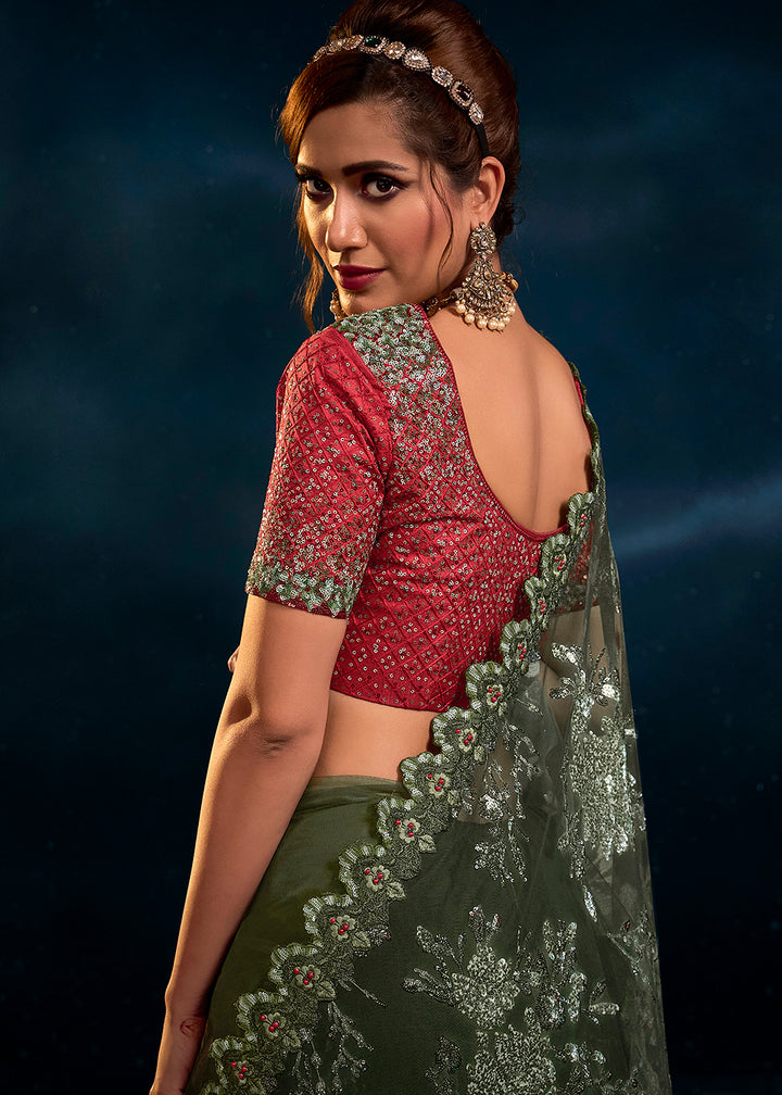 Buy Now Mahendi Green Premium Net Heavy Embroidered Designer Saree Online in USA, UK, Canada & Worldwide at Empress Clothing. 